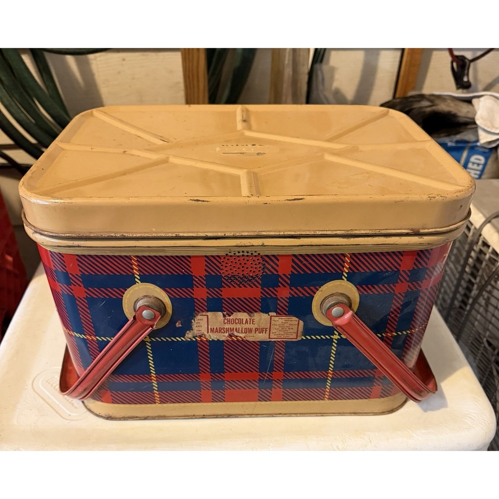 Vintage Metal Picnic Basket Red Blue Tartan Plaid Tin Litho Swing Handles